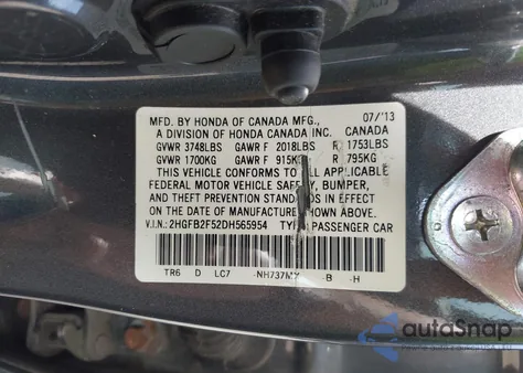 2013 Honda Civic Lx из США, поврежденный, VIN 2HGFB2F52DH565954